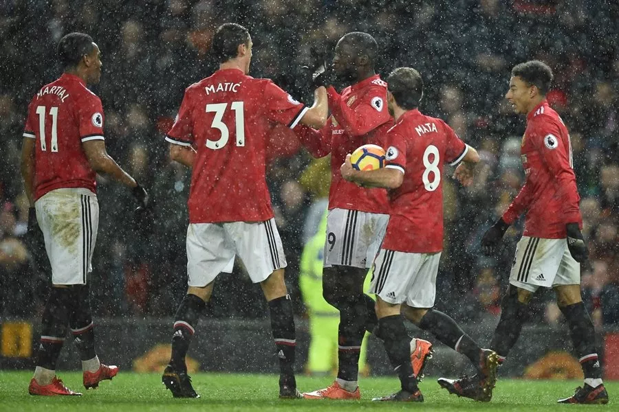 manchester united 039 s belgian striker romelu lukaku c celebrates scoring their third goal during the english premier league football match between manchester united and stoke city at old trafford in manchester north west england on january 15 2018 photo afp manchester united 039 s belgian striker romelu lukaku c celebrates scoring their third goal during the english premier league football match between manchester united and stoke city at old trafford in manchester north west england on january 15 2018 photo afp