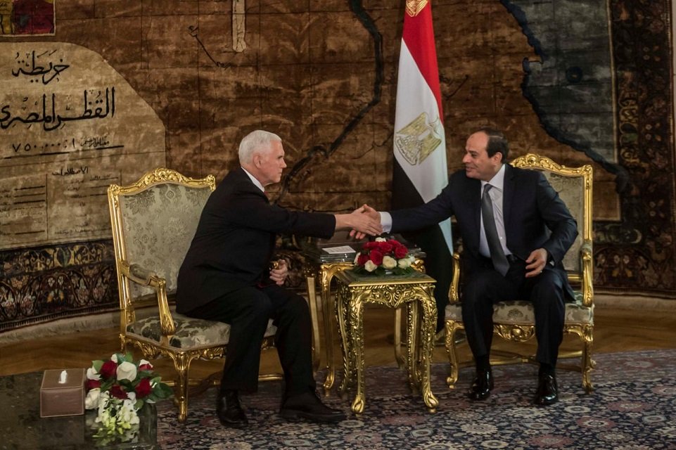 egyptian president abdel fattah al sisi r shakes hands with with us vice president mike pence during their meeting at the presidential palace in cairo egypt january 20 2018 photo reuters