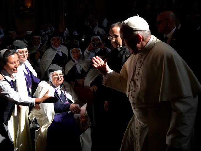 nuns react as pope francis arrives to lead a mid morning prayer with contemplative nuns at the sanctuary of the senor de los milagros in lima peru january 21 2018 photo reuters