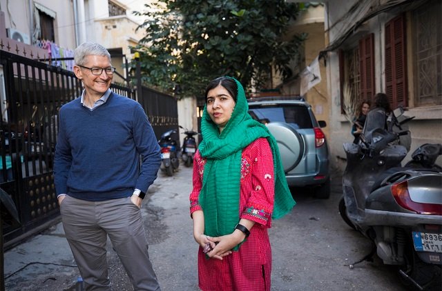 tim cook and malala yousafzai outside the home of a family with daughters attending school in beirut lebanon supported by malala fund photo apple