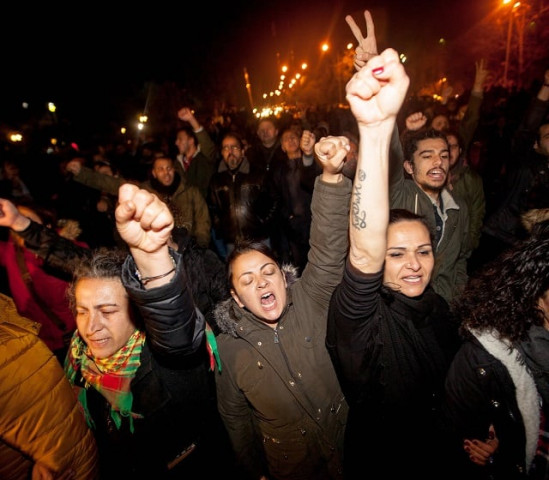 turkish cypriot protesters shout slogans during a demonstration in support of the turkish cypriot weekly newspaper quot afrika gazetesi quot on january 22 2018 in the northern part of nicosia in the self proclaimed turkish republic of northern cyprus trnc only recognized by turkey photo afp