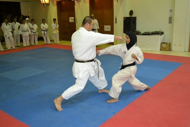 imparting skills a karate game in session between japanese master of shotokan karate katsutoshi shiina and a participant at the workshop photo courtesy japanese consulate