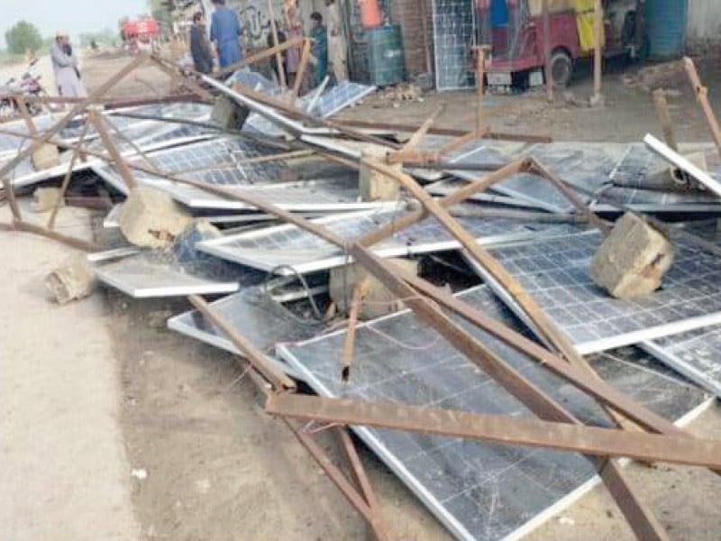 strong winds destroyed solar panels at a farm in sanghar on friday photo express