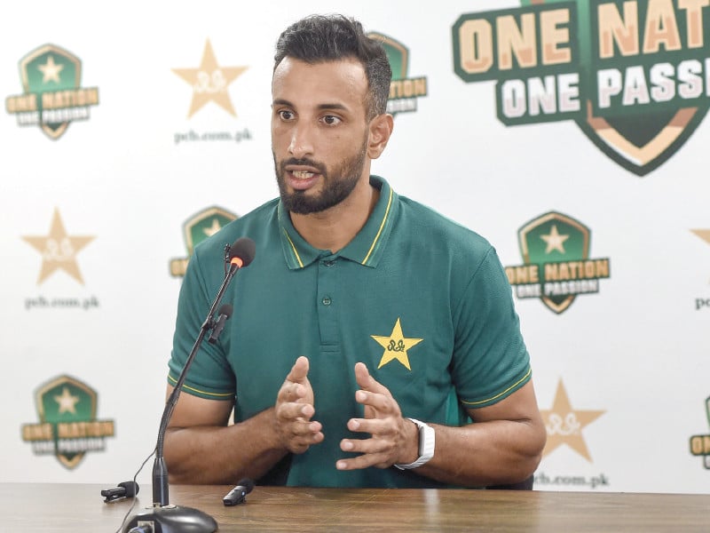 pak captain shan masood speaks during a presser at national bank stadium in karachi on monday ahead of the test series against england photo afp