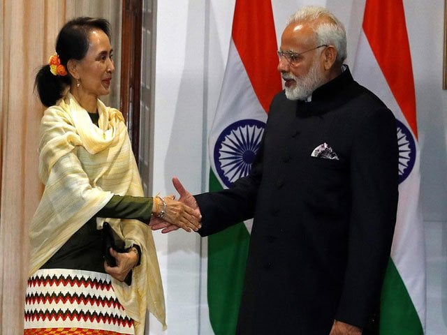 myanmar 039 s state counsellor aung san suu kyi shakes hands with india 039 s prime minister narendra modi during a photo opportunity ahead of their meeting at hyderabad house in new delhi india photo reuters