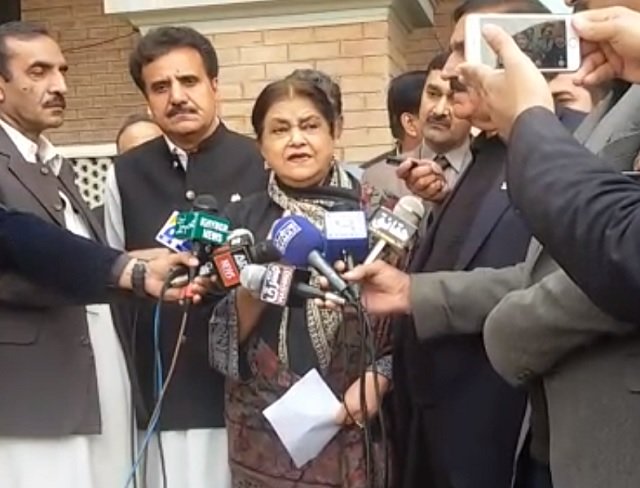 senator nasreen jalil speaking to reporters in mardan on thursday express screengrab