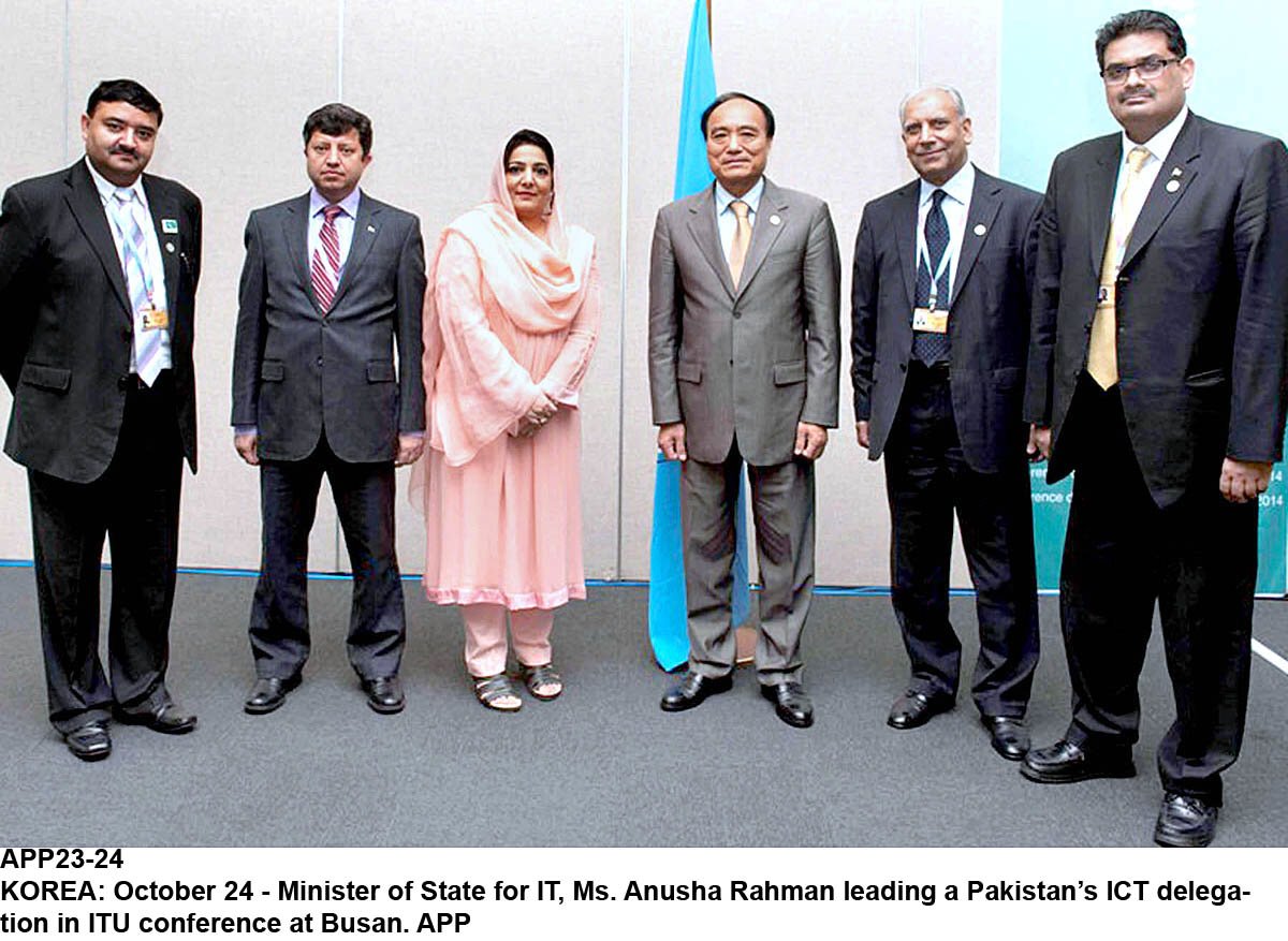 minister of state for it anusha rahman 2l leading a pakistani delegation at the international telecommunication union itu plenipotentiary con ference 2014 in busan south korea photo app