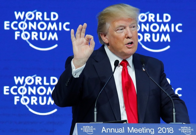 u s president donald trump gestures as he delivers a speech during the world economic forum wef annual meeting in davos switzerland january 26 2018 photo reuters