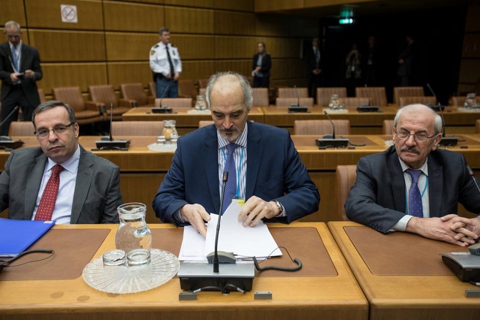 syrian chief negotiator and ambassador of the permanent representative mission of syria to the united nations bashar al jaafari c is pictured ahead the start of talks on syria in vienna on january 25 2018 photo reuters