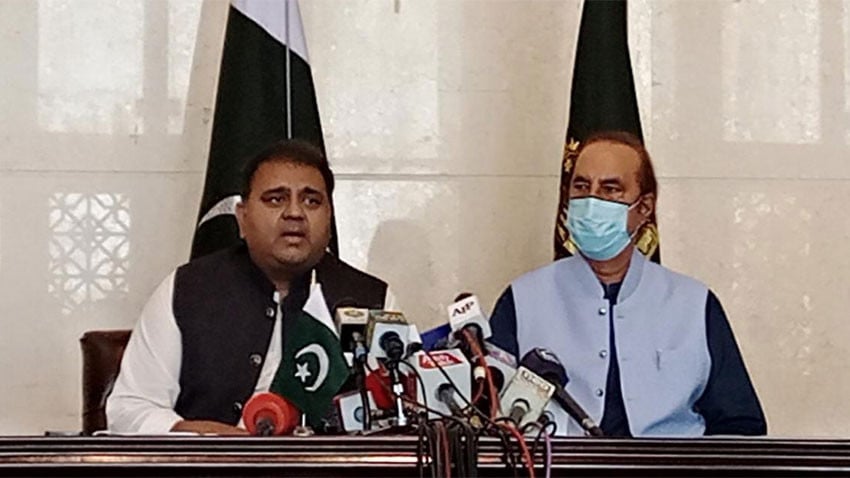 minister for information and broadcasting chaudhary fawad hussain and adviser on parliamentary affairs babar awan shared details of the reforms agenda at a news conference in islamabad photo radio pakistan