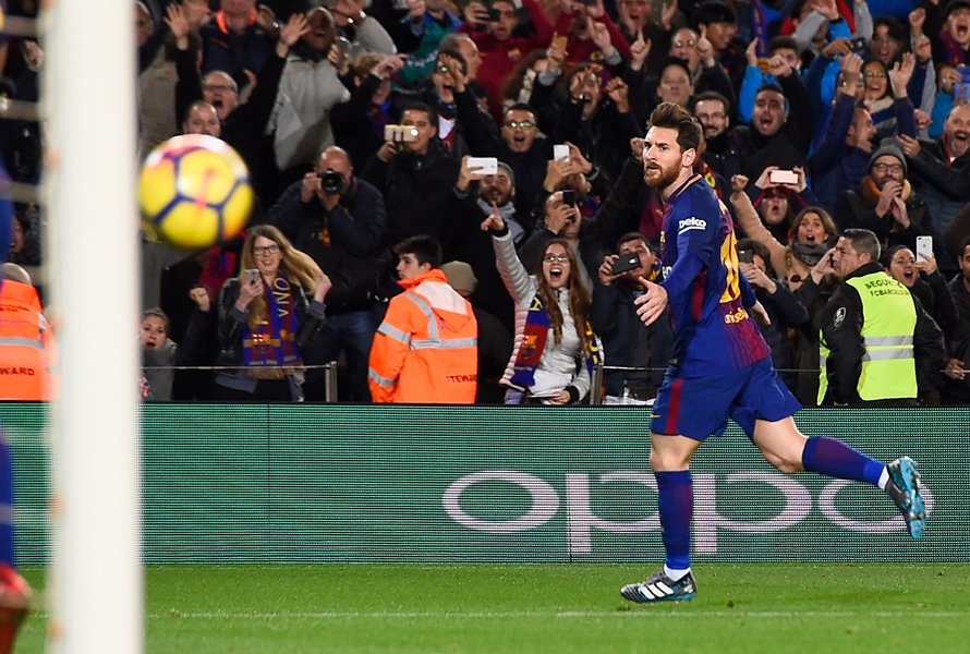 barcelona 039 s argentinian forward lionel messi celebrates a goal during the spanish league football match between fc barcelona and deportivo alaves at the camp nou stadium in barcelona on january 28 2018 photo afp