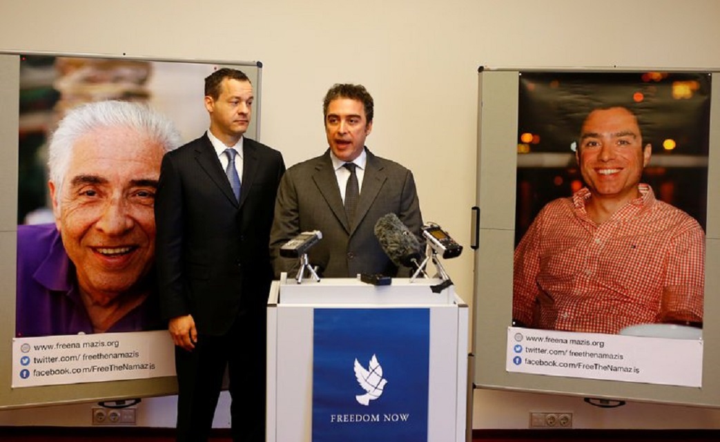 jared genser left a lawyer with babak namazi a son of baquer namazi in vienna last year the elder mr namazi and another son siamak namazi in background photos were convicted of collaborating with the united states photo reuters