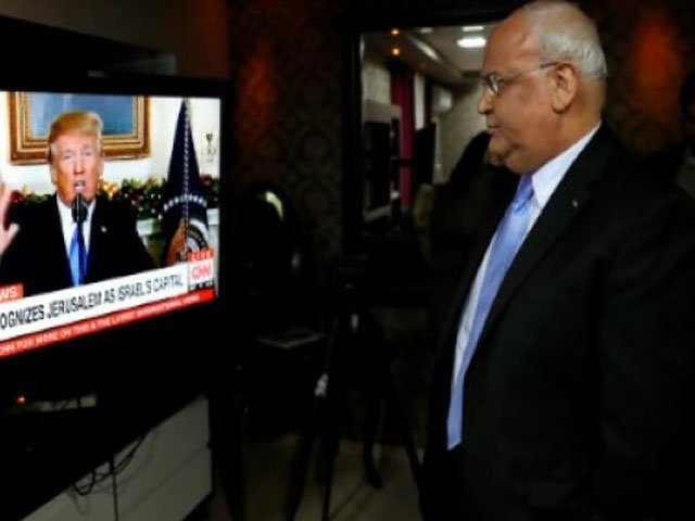 chief palestinian negotiator saeb erekat watches us president donald trump give a speech during which he recognised jerusalem as israel 039 s capital photo afp file