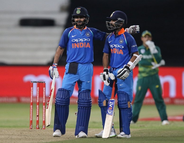india 039 s batsmen virat kohli l and ajinkya rahane celebrate the 100 partnership during the first one day international odi cricket match between south africa and india at kingsmead cricket ground on february 1 2018 in durban photo afp