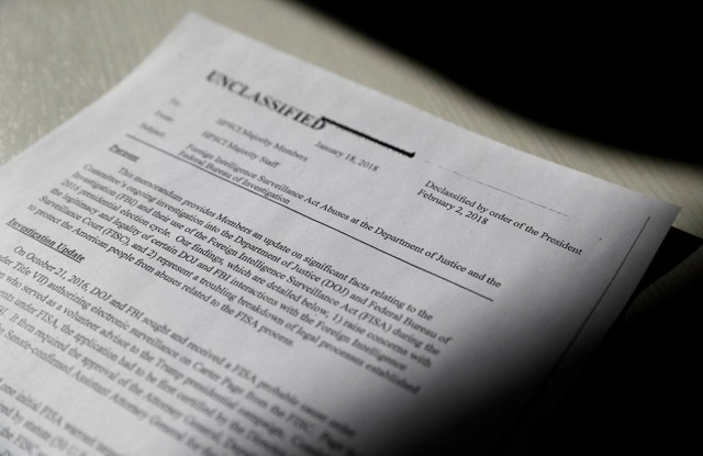 a copy of the formerly top secret classified memo written by house intelligence committee republican staff and declassified for release by us president donald trump is seen shortly after it was released by the committee in washington february 2 2018 photo reuters a copy of the formerly top secret classified memo written by house intelligence committee republican staff and declassified for release by us president donald trump is seen shortly after it was released by the committee in washington february 2 2018 photo reuters