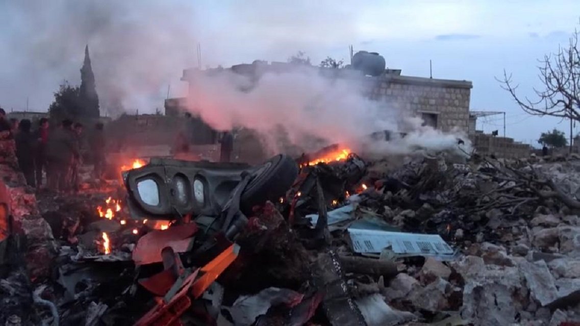 the scene shows what according to syrian rebels were fires caused by russian military plane shot down by rebel forces near idlib syria reportedly on february 3 2018 in this still image obtained from social media via reuters