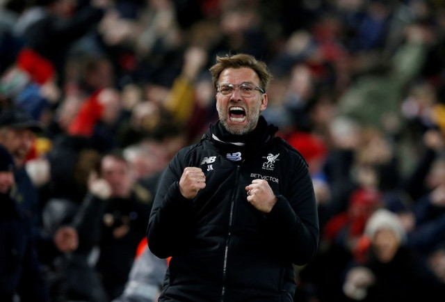 liverpool manager juergen klopp celebrates after mohamed salah scored their second goal on february 4 2018 photo reuters liverpool manager juergen klopp celebrates after mohamed salah scored their second goal on february 4 2018 photo reuters