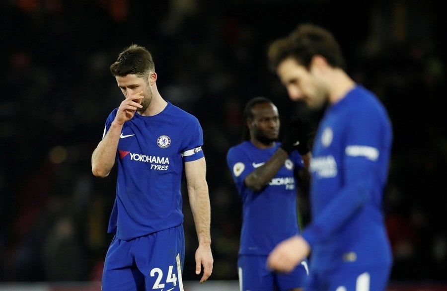 chelsea 039 s gary cahill and team mates look dejected after the match against watford photo reuters