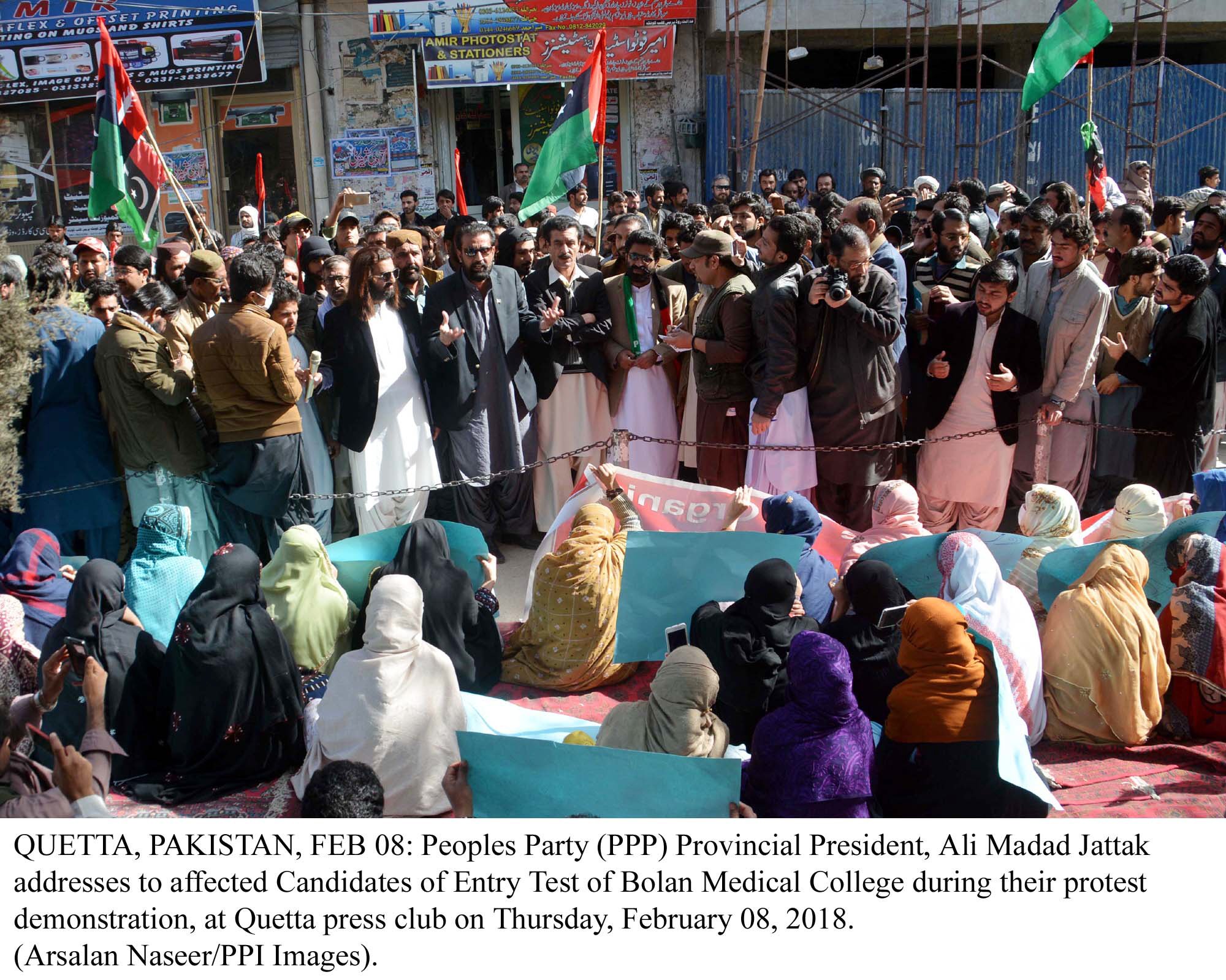 ppp provincial president ali madad jattak addresses students during their sit in protest outside the quetta press club photo ppi