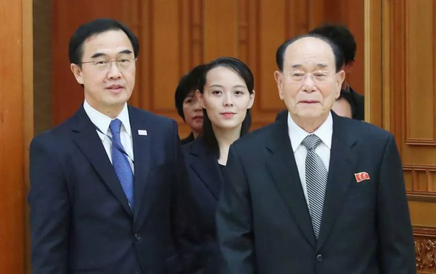 kim yo jong the younger sister of north korean leader kim jong un and north korea 039 s ceremonial head of state kim yong nam are escorted into a meeting room by south korean unification minister cho myoung gyon before talks with south korean president moon jae in at the presidential blue house in seoul photo afp kim yo jong the younger sister of north korean leader kim jong un and north korea 039 s ceremonial head of state kim yong nam are escorted into a meeting room by south korean unification minister cho myoung gyon before talks with south korean president moon jae in at the presidential blue house in seoul photo afp
