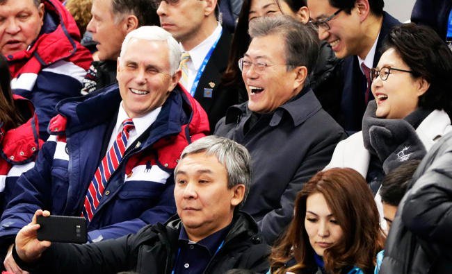 united states 039 vice president mike pence and south korean president moon jae in laugh during the ladies 039 500 meters short track speedskating in the gangneung ice arena at the 2018 winter olympics in gangneung south korea on saturday photo afp