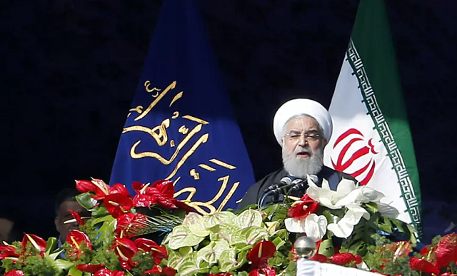 iranian president hassan rouhani delivers a speech at the azadi square in the capital tehran during a ceremony to mark the 39th anniversary of the islamic revolution photo afp