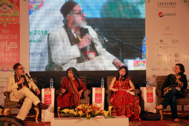 sitting from left to right are dr nauman naqvi sheela reddy anam zakaria and kamila shamsie at the session 039 the flames of separation 039 at the klf 2018 photo athar khan