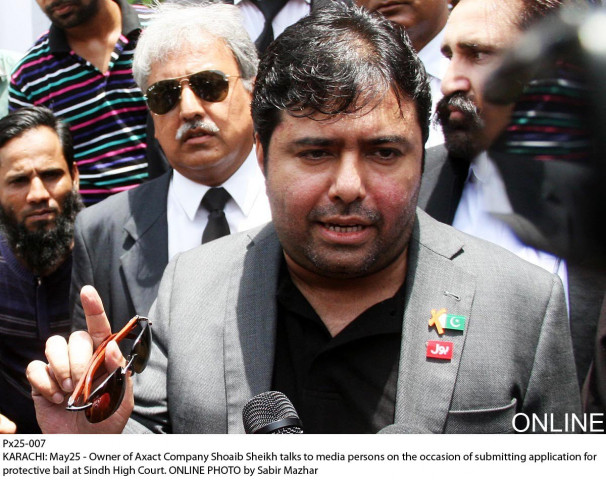 axact ceo shoaib ahmed sheikh talks to media outside the sindh high court on monday may 25 2016 photo online