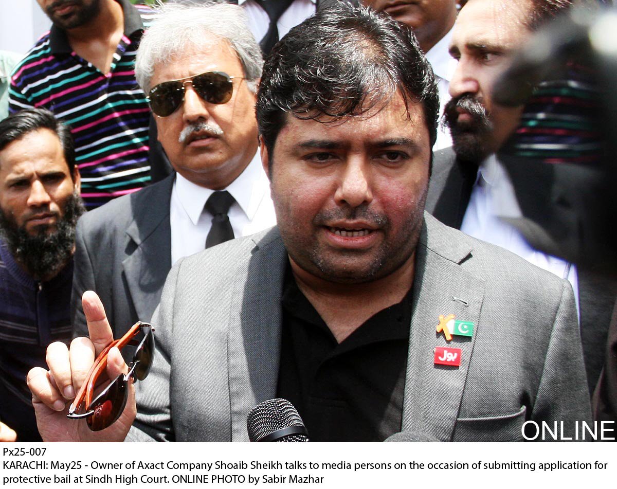 axact ceo shoaib ahmed sheikh talks to media outside the sindh high court on monday may 25 2016 photo online