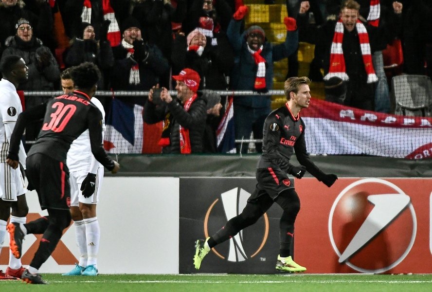 arsenal 039 s nacho monreal r celebrates after scoring the 0 1 during the uefa europa league round of 32 first leg football match of ostersund fk vs arsenal fc on february 15 2018 in ostersund sweden photo afp