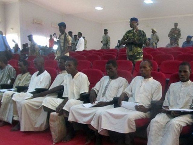 picture shows suspected members of boko haram sitting in court in n 039 djamena chad photo afp