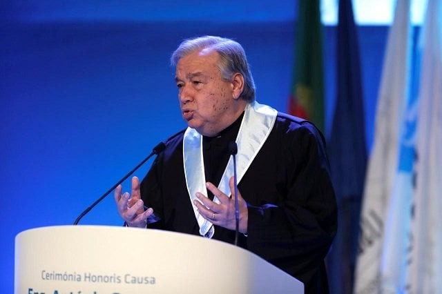 un secretary general antonio guterres gives a speech during a ceremony at lisbon university where guterres received his honoris causa degree portugal february 19 2018 photo reuters un secretary general antonio guterres gives a speech during a ceremony at lisbon university where guterres received his honoris causa degree portugal february 19 2018 photo reuters