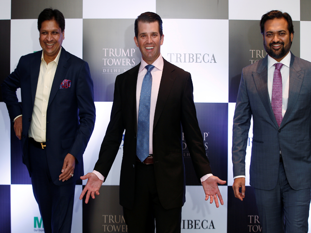 donald trump jr with basant bansal chairman and managing director of m3m india and kalpesh mehta founder of tribeca developers in new delhi india on feb 20 2018 photo reuters