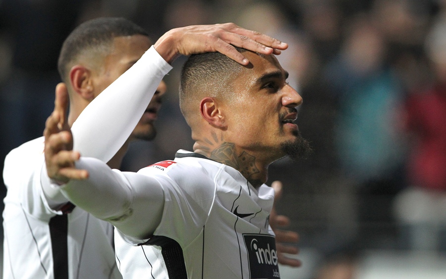 frankfurt 039 s ghanaian midfielder kevin prince boateng celebrates scoring the 2 1 during during the german first division bundesliga football match eintracht frankfurt vs rb leipzig in frankfurt germany on february 19 2018 photo afp