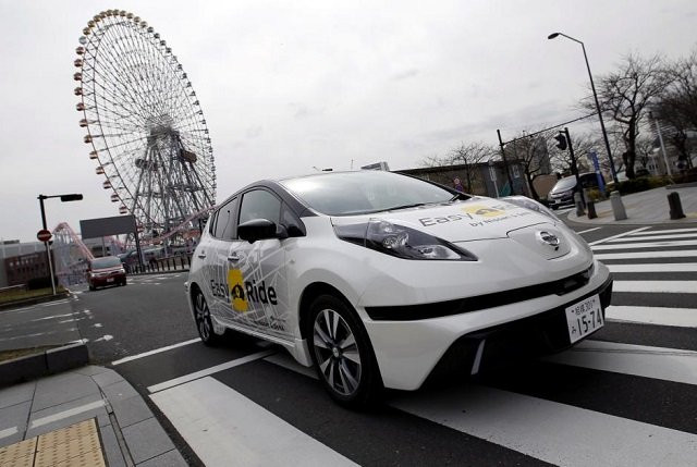 a self driving vehicle based on nissan leaf electric vehicle ev for easy ride service developed by nissan and mobile gaming platform operator dena is seen during its media preview in yokohama japan february 21 2018 photo reuters a self driving vehicle based on nissan leaf electric vehicle ev for easy ride service developed by nissan and mobile gaming platform operator dena is seen during its media preview in yokohama japan february 21 2018 photo reuters