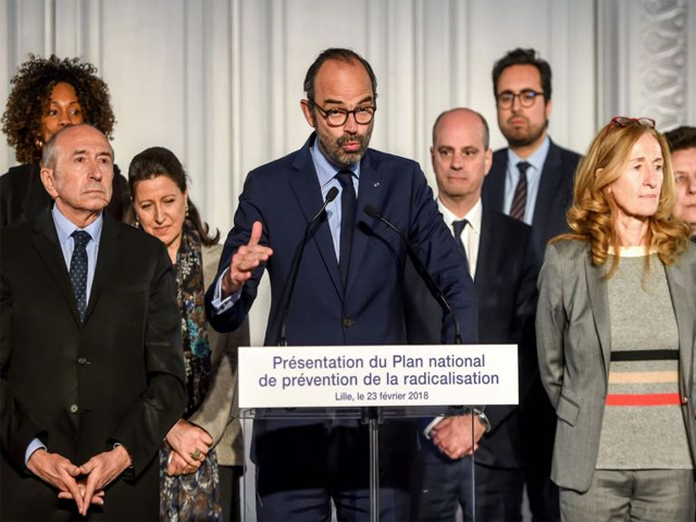 french prime minister edouard philippe flanked by ministers delivers a speech during the presentation of the national plan for the prevention of radicalisation in lille on feb 23 2018 photo afp french prime minister edouard philippe flanked by ministers delivers a speech during the presentation of the national plan for the prevention of radicalisation in lille on feb 23 2018 photo afp