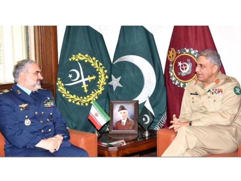 iranian air force chief brigadier general hassan shahsafi and general qamar javed bajwa in a meeting at the ghq on february 26 2018 photo ispr