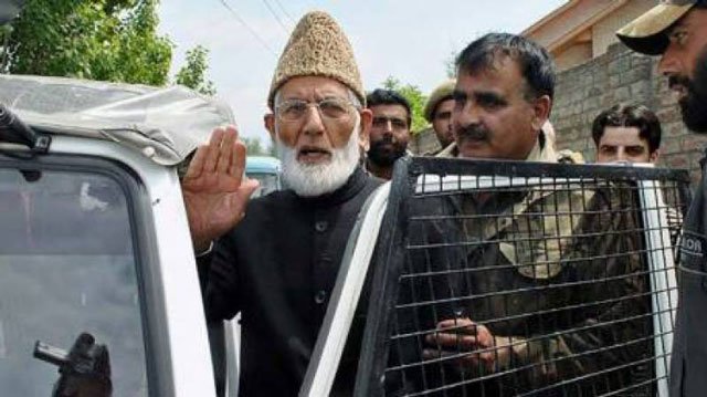 all parties hurriyet conference chairman syed ali gilani being taken into custody outside his home in srinagar on monday july 25 2016 photo radio pakistan