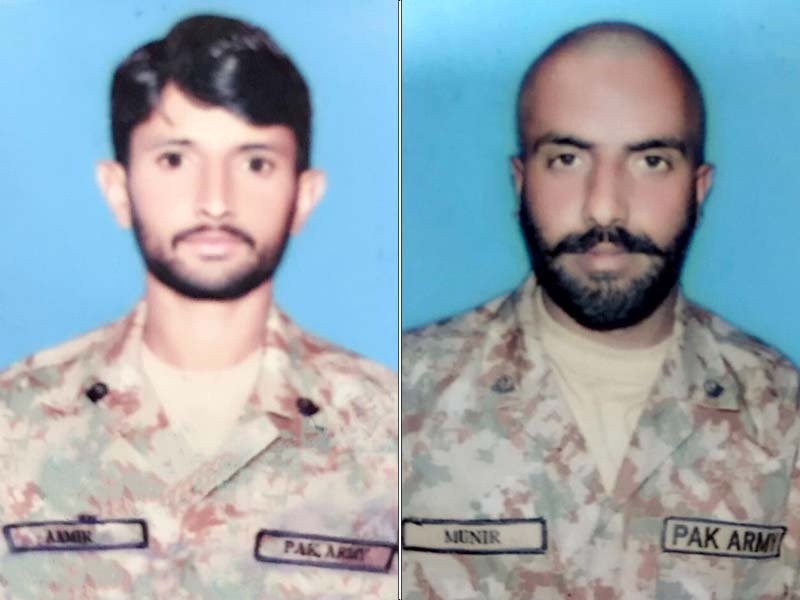 sepoy muneer chohan a 32 year old resident of kahuta village and sepoy amir hussain 28 a resident of bhimber district embraced martyrdom on wednesday photo ispr