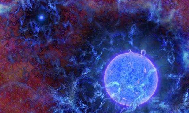 an artist s impression of the universe s first massive blue stars embedded in gaseous filaments with the cosmic microwave background just visible at the edges photo courtesy national science foundation an artist s impression of the universe s first massive blue stars embedded in gaseous filaments with the cosmic microwave background just visible at the edges photo courtesy national science foundation