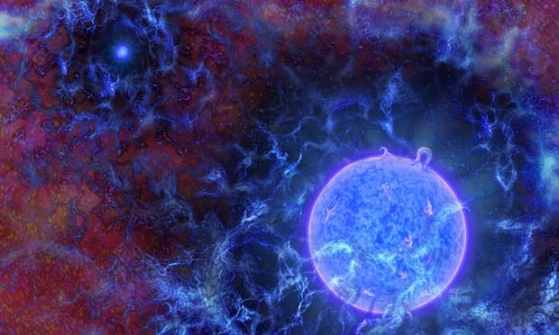 an artist s impression of the universe s first massive blue stars embedded in gaseous filaments with the cosmic microwave background just visible at the edges photo courtesy national science foundation