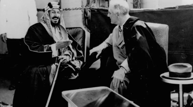 us president franklin d roosevelt and the late saudi king abdul aziz ibn saud discuss saudi us relations aboard uss quincy in the great bitter lake north of the city of suez egypt photo afp us president franklin d roosevelt and the late saudi king abdul aziz ibn saud discuss saudi us relations aboard uss quincy in the great bitter lake north of the city of suez egypt photo afp
