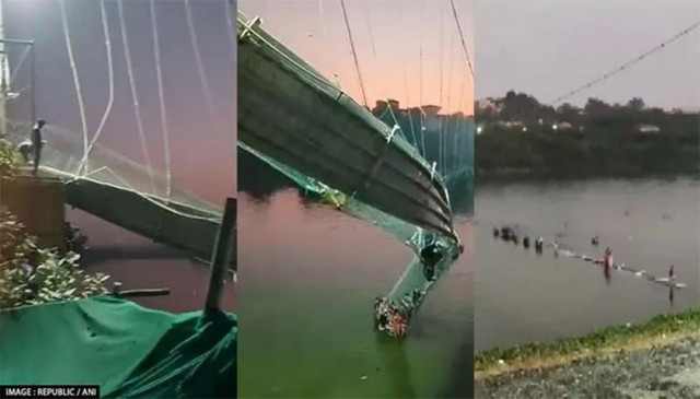 more than 400 people were on the bridge over the machhu river in the town of morbi at the time of the collapse photo courtesy ani more than 400 people were on the bridge over the machhu river in the town of morbi at the time of the collapse photo courtesy ani