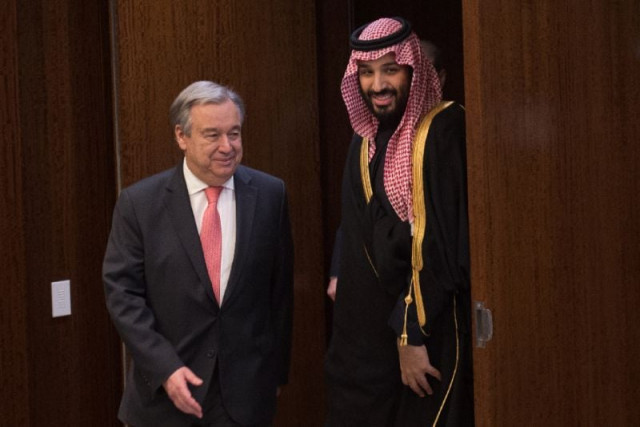 saudi arabia 039 s crown prince mohammed bin salman arrives to meet with united nations secretary general antonio guterres at the united nations where he presented a check for humanitarian aid in yemen photo afp saudi arabia 039 s crown prince mohammed bin salman arrives to meet with united nations secretary general antonio guterres at the united nations where he presented a check for humanitarian aid in yemen photo afp