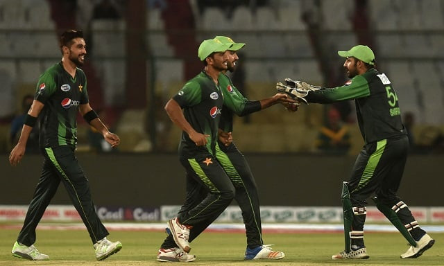 pakistani cricket team captain sarfraz ahmed l celebrates with teammates after the dismissal of a west indies batsman during the first t20 match between pakistan and west indies at national stadium in karachi on april 1 2018 photo afp pakistani cricket team captain sarfraz ahmed l celebrates with teammates after the dismissal of a west indies batsman during the first t20 match between pakistan and west indies at national stadium in karachi on april 1 2018 photo afp