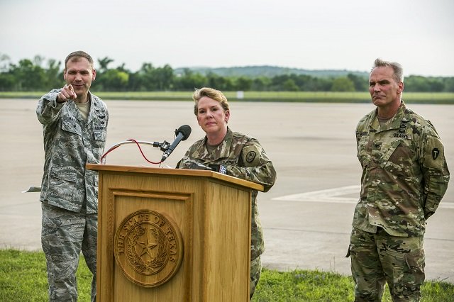 brigadier general tracy norris addresses members of the media on april 6 2018 in austin texas norris announced that the texas national guard plans to deploy an expected 250 peronnel to the texas mexico border with supporting aircraft vehicles and equipment within 72 hours photo afp