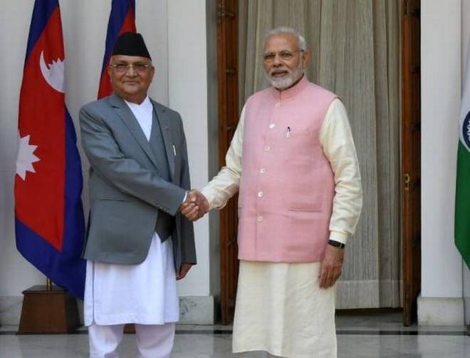 indian prime minister narendra modi with his nepalese counterpart khadga prasad oli prior to their meeting at hyderabad house in new delhi photo courtesy the hindu