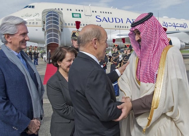 french foreign affairs minister jean yves le drian welcomes saudi arabia 039 s crown prince prince mohammed bin salman on sunday photo afp french foreign affairs minister jean yves le drian welcomes saudi arabia 039 s crown prince prince mohammed bin salman on sunday photo afp