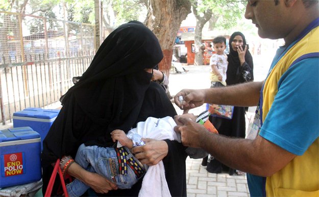 a health worker administers polio drops to a baby at the karachi zoo on saturday april 7 photo online