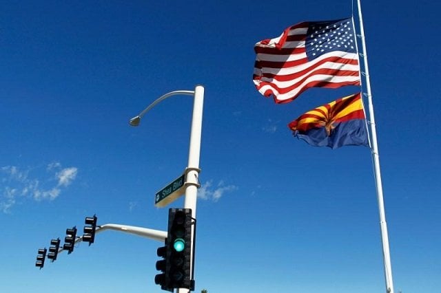 the us and arizona flags flutter in the wind in fountain hills arizona us on september 30 2016 photo reuters